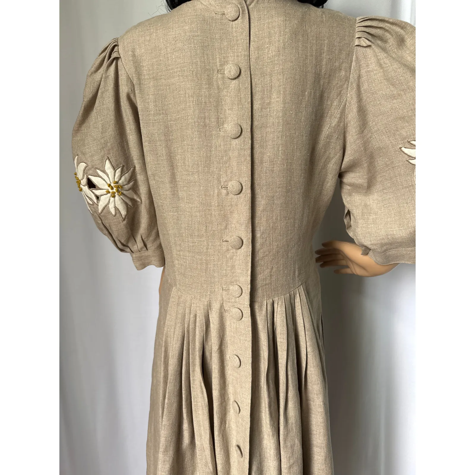 Retro Linen Midi Dress with Floral Appliqué and Puff Sleeve Detail Medium Tan - Image 13