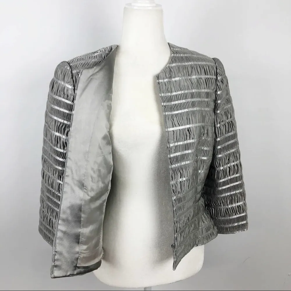 Carmen Marc Valvo Silver Zip Front Shirred Party Cocktail Wedding Jacket Sz 12 - Image 12