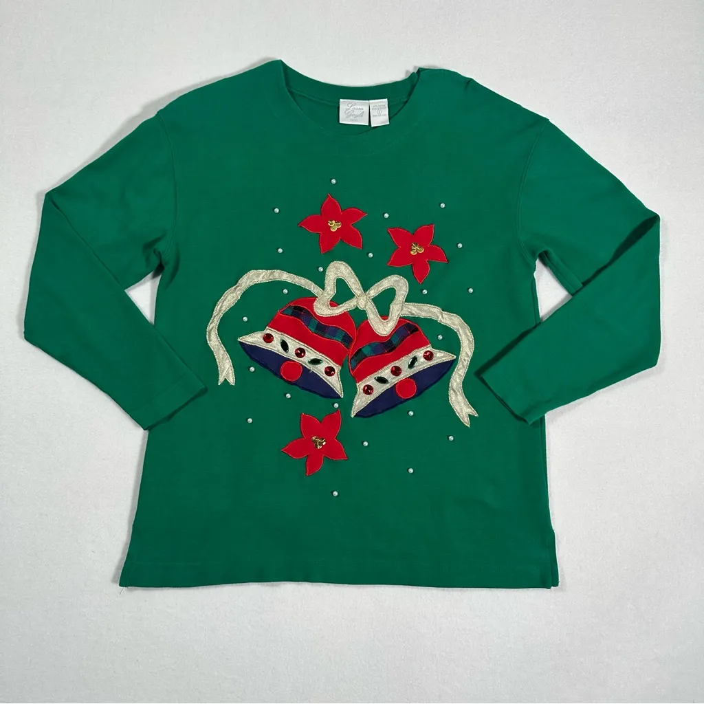 Vintage Laura Gayle Christmas Bells Sweatshirt Top Green Holiday Petite Small Size undefined - Image 2
