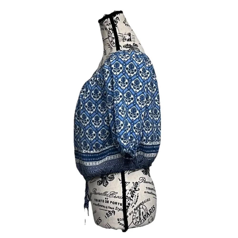 Anthropologie Faithfull The Brand Blue Peasant Crop Blouse XS Hippie Coastal - Image 4