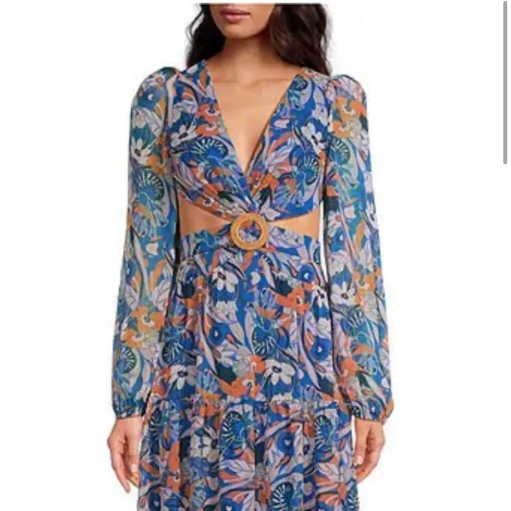 Gianni Bini Lillian Blue Floral Maxi Dress Size 0 V-Neck Cut-Out Open Back NEW - Image 2