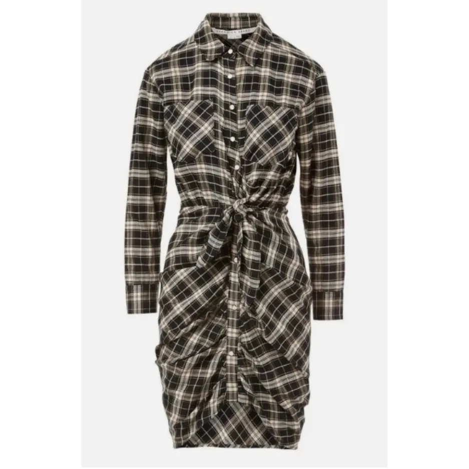 NWT‎ Veronica Beard Sierra Plaid Flannel Ruched Shirt Dress Black Ecru Sz 2 $498 - Image 4