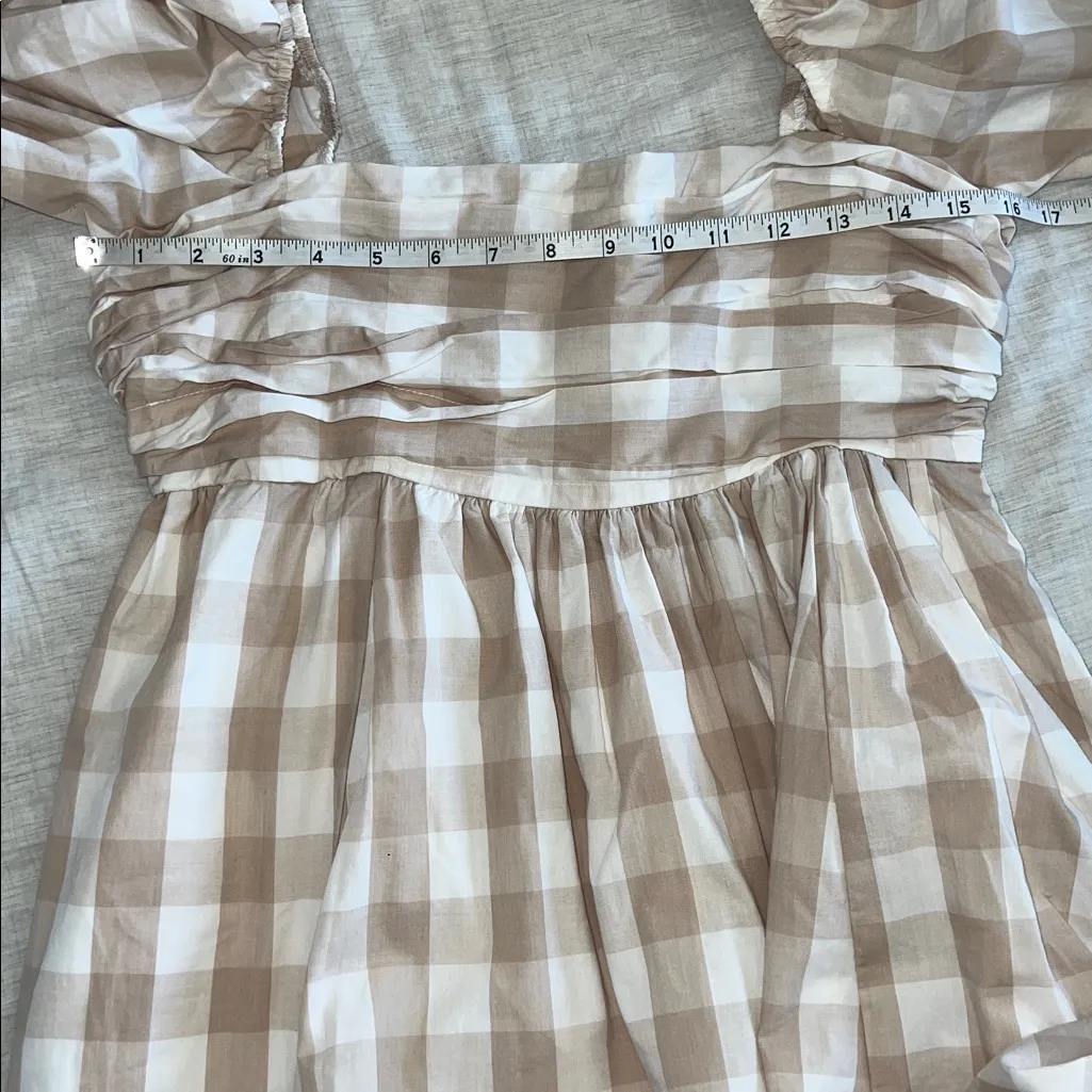 Abercrombie & Fitch Emerson Poplin Puff Sleeve Gingham Tan White Mini Dress Smal - Image 10