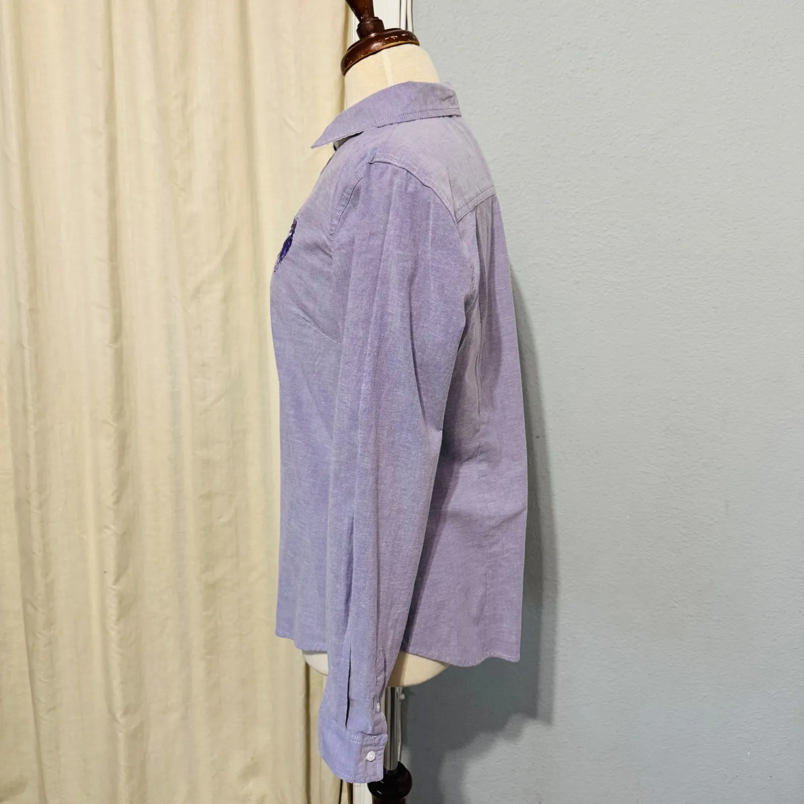 US Polo Assn Oxford Button Down Shirt Purple Embroidered Polo Player Women's L - Image 4