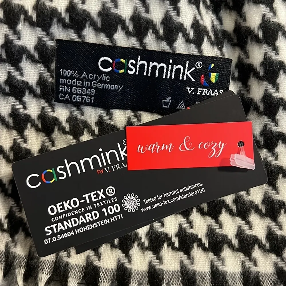 cashmink by V. Fraas warm & cozy black and white print tasseled scarf acrylic - Image 3