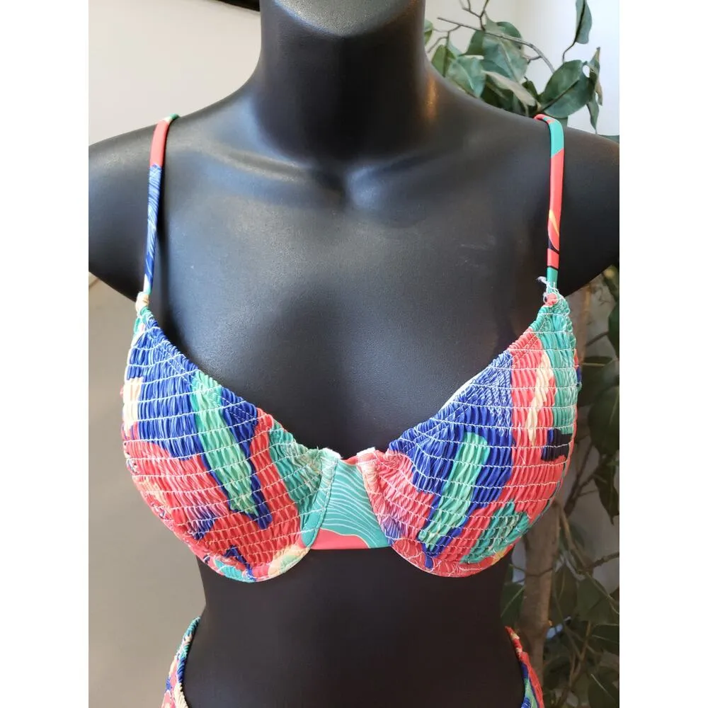 Womens 2 Piece Swimsuit L Multi Floral Smocked Triangle Spaghetti Strap Tie Back Blue Size L - Image 5