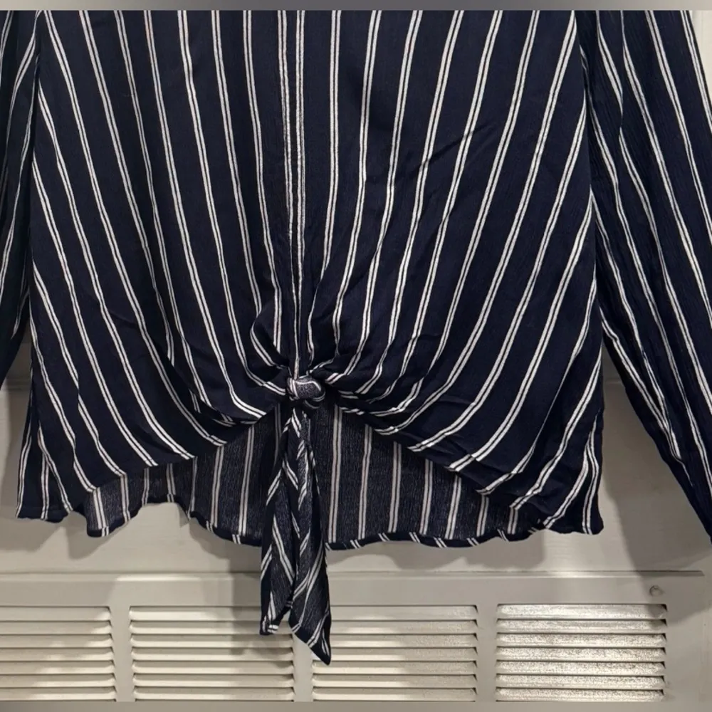 Modern Striped Maxi Blouse with Front Tie Size M Blue Size M - Image 2