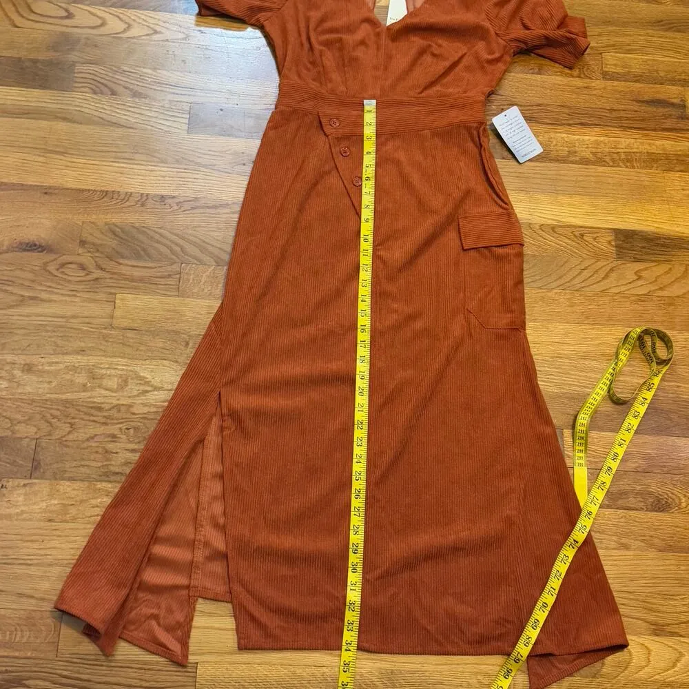 Du Paradis Womens Small Copper Rust Corduroy Puff Sleeve Faux Wrap Midi Dress Orange - Image 9