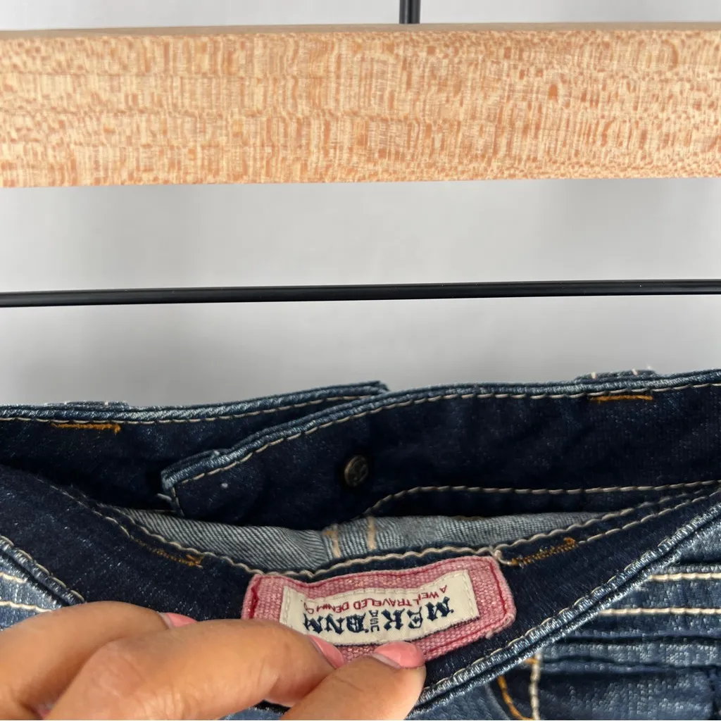 MEK‎ Jodhpur Bermuda Size 27 Stretch Dark Wash Denim Whiskered Faded Shorts Blue - Image 7