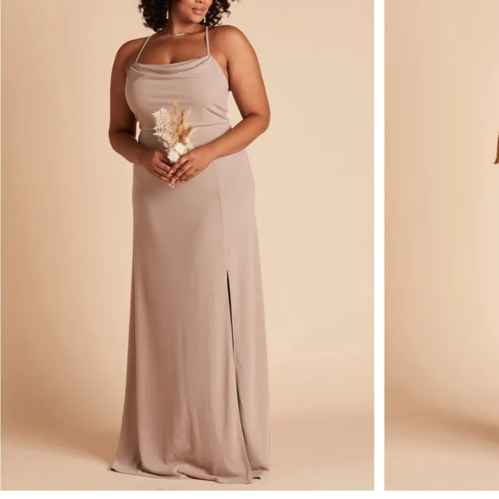 NWOT Birdy Grey Taupe Ash Dress Crepe Knit Slit Cowl Neck Small Bridesmaid - Image 2