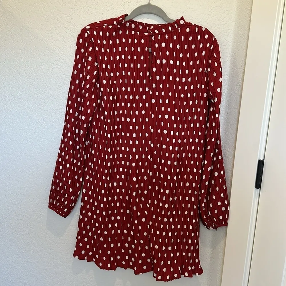 Lulus Pleat to Meet You Wine Red Polka Dot Long Sleeve Shift Dress - Image 8