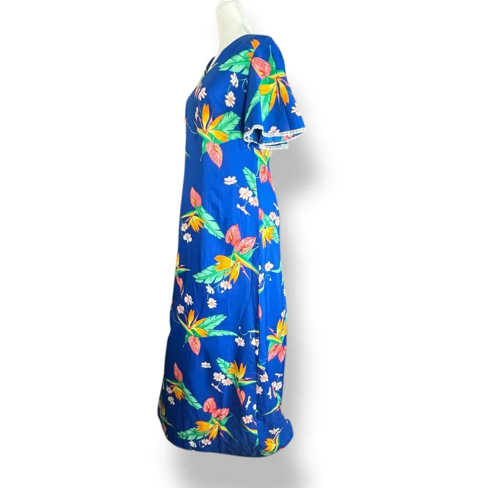 Vintage Made In Hawaii Maxi Dress Blue White Tropical Floral Lace Flutter Sleeve Size M - Image 5