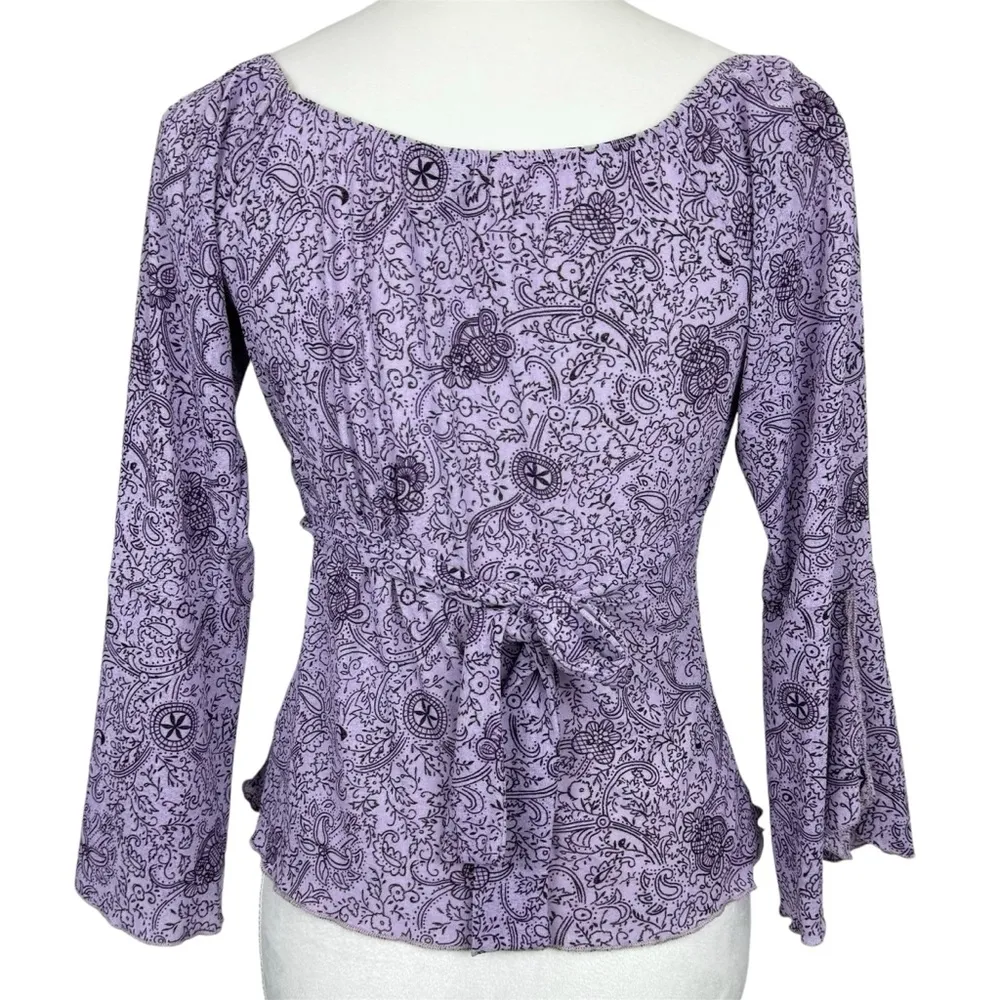 Trixxi Y2K  Mesh Flare Sleeve Top Large Paisley Tie-Back Fairy Grunge Purple - Image 3