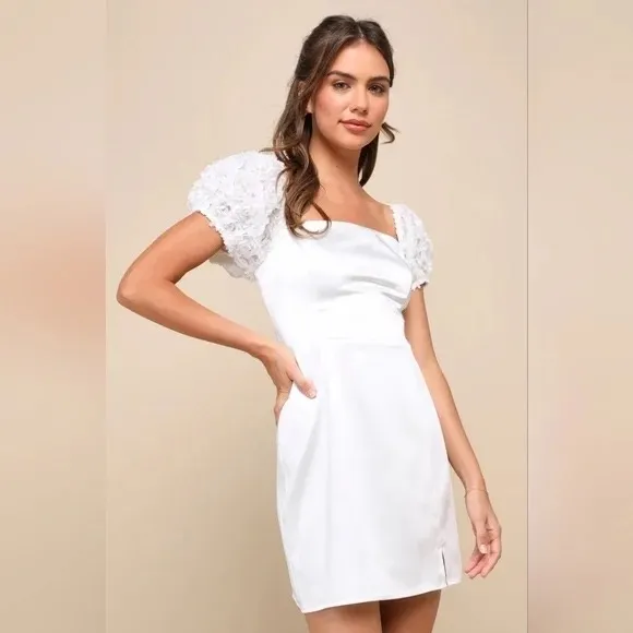 Lulus Precious Enchantment White Satin Floral Puff Sleeve Mini Dress Size S - Image 6