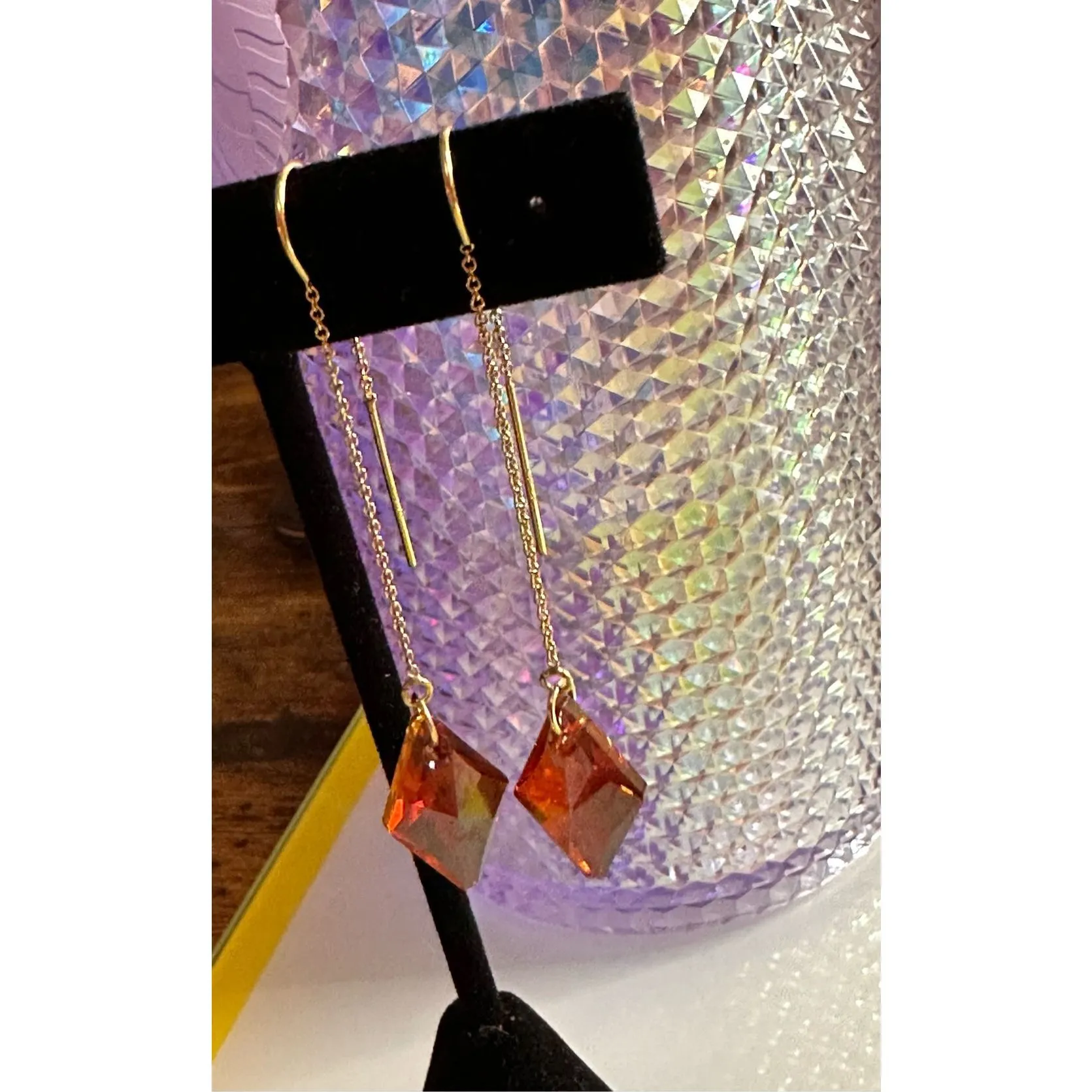 Handmade Swarovski Crystal Gold filled threader Chain Earrings Red Magma 2.25” - Image 5