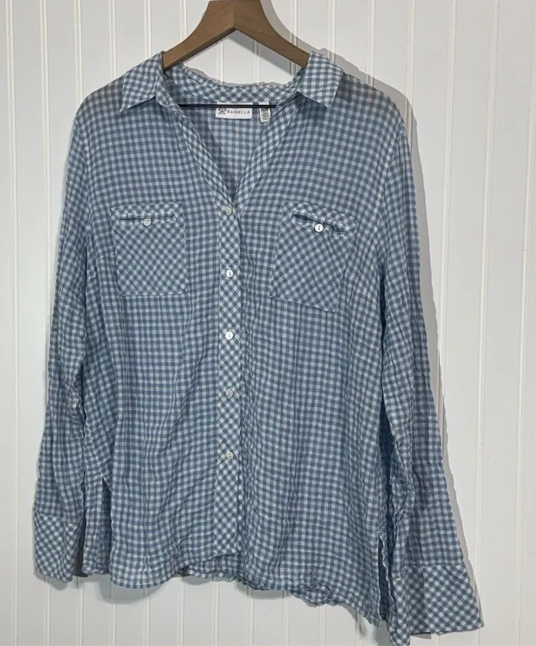 Rafaella Gingham Button Down Shirt XL Cotton Blue Check Preppy Classic Office - Image 1