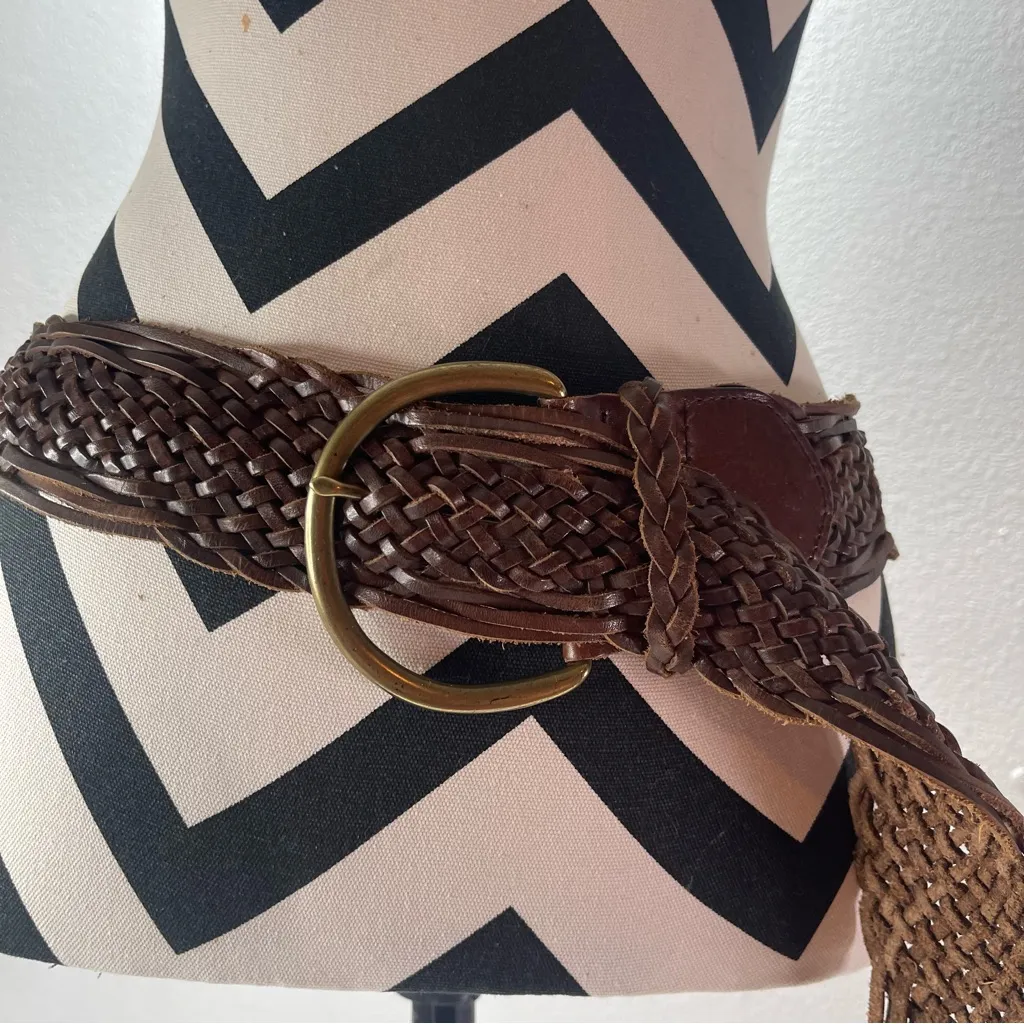 Vtg Y2K Eddie Bauer XL Wmn  Brown Leather Woven Braided Chunky Belt  Boho Brass - Image 11