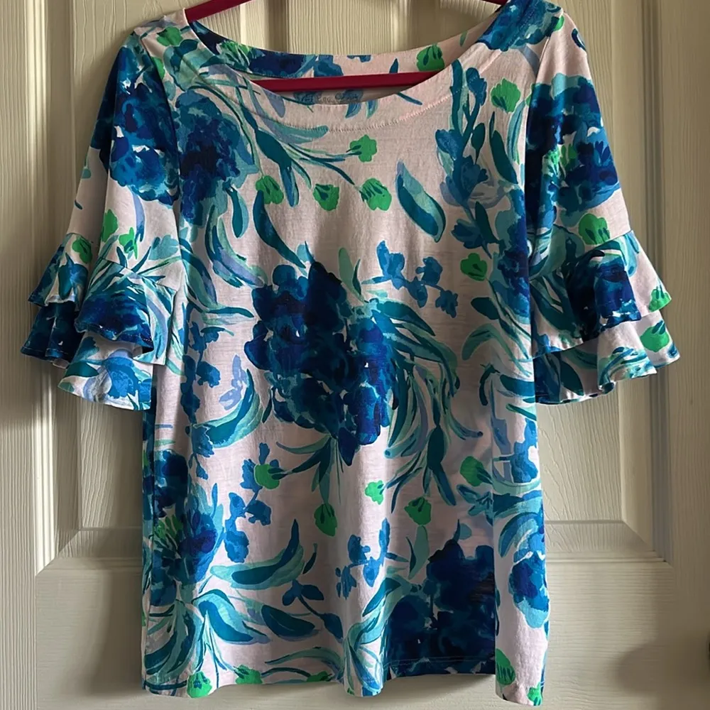 Lilly Pulitzer Women’s Lula Top in Blue Green Pink Tropics Sz Med Flutter Sleeve - Image 10