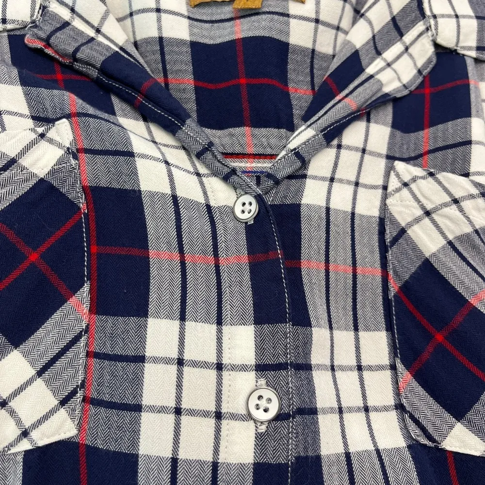 JACHS Girlfriend Large Short Sleeve Button Down Top Blue White Red Plaid EUC - Image 9