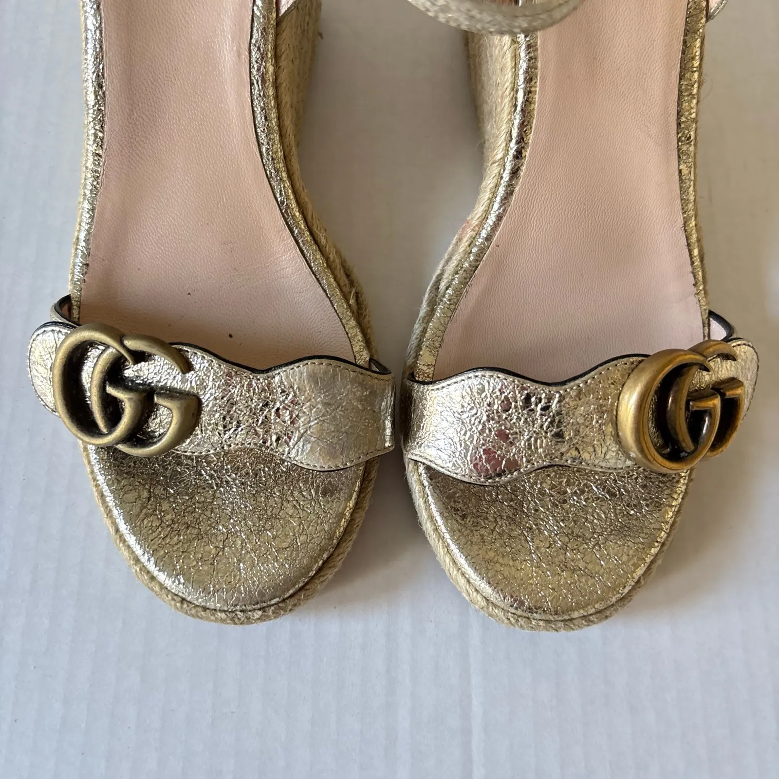 Gucci Aitana GG Marmont Espadrille Platform Wedge Heel Sandals Gold Size EU 37.5 - Image 10