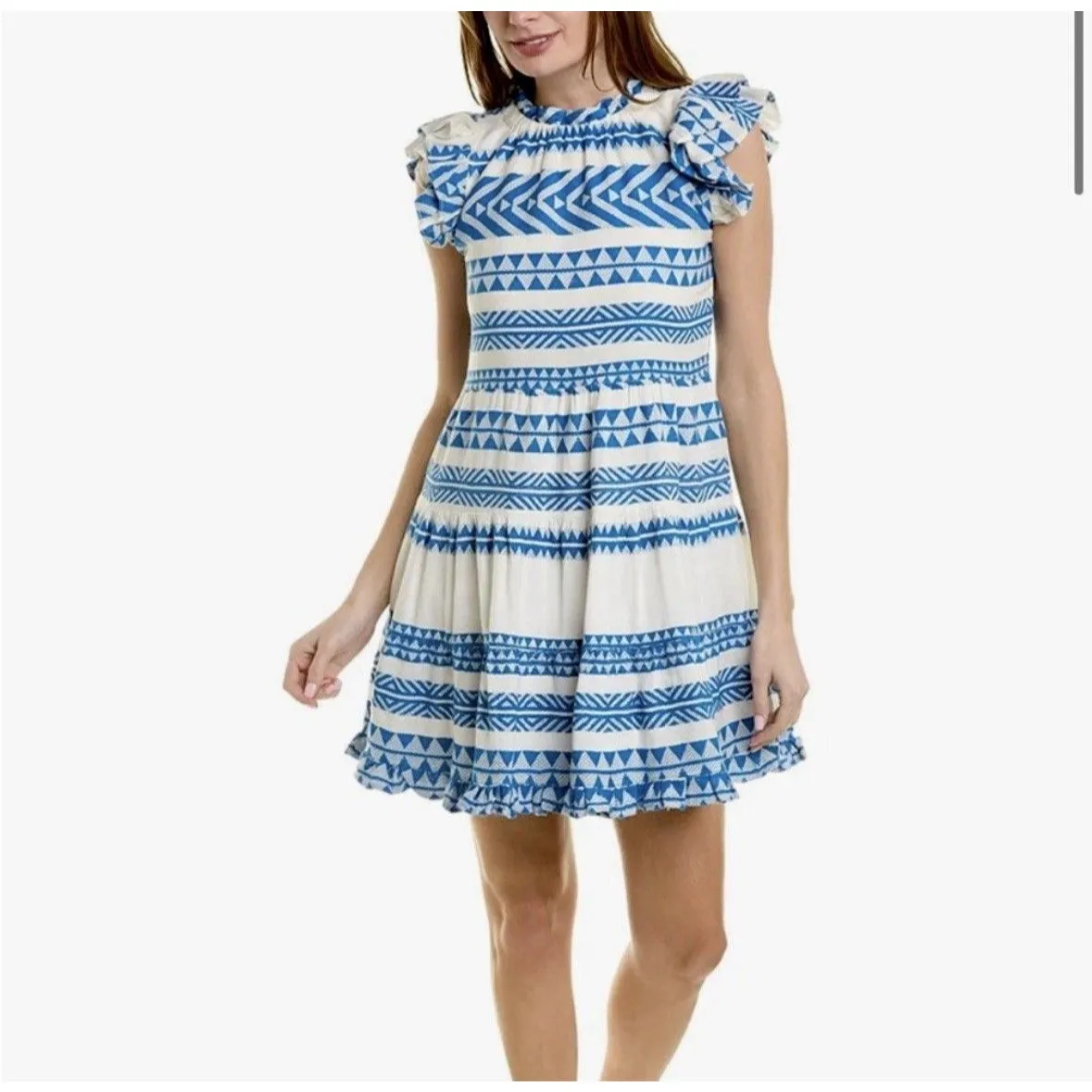 SAIL to SABLE Geo Stripe Ruffle Neck Dress 100% Cotton Blue White Size XS EUC - Image 11