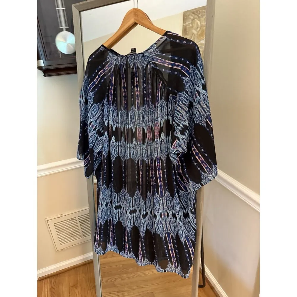 Express Women's Black/Blue‎ Floral Sheer Kimono Cardigan Open Front 3/4 Sleeve - Image 3