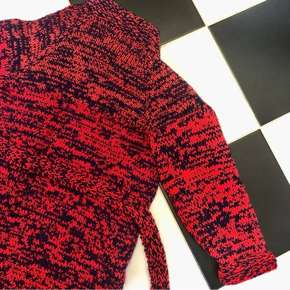 Vintage Handmade Belted Open Sweater Duster Hand Knit Red Orange Navy Crochet ~M Size M - Image 9