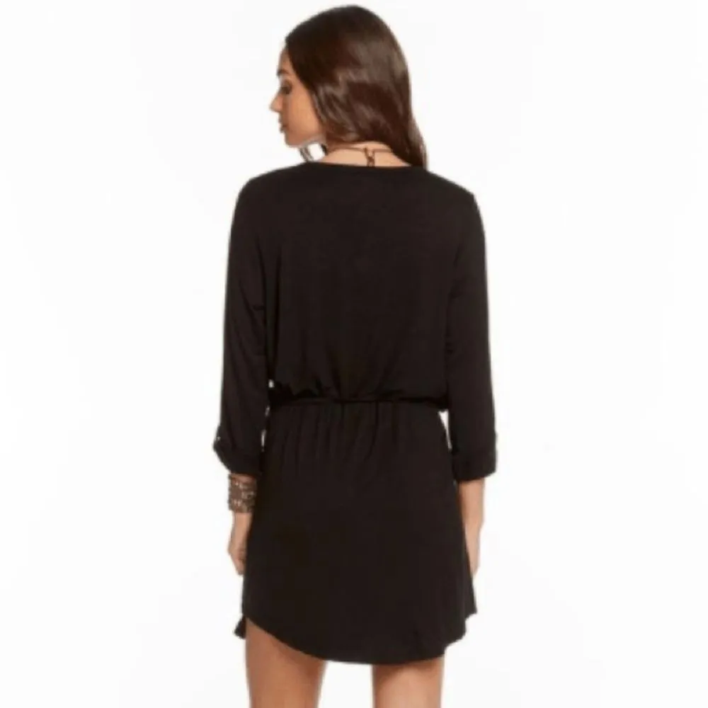 NWT Chaser Black Sz M Jersey Rolled Cuff Shirttail Henley Dress Tie Waist Casual - Image 12