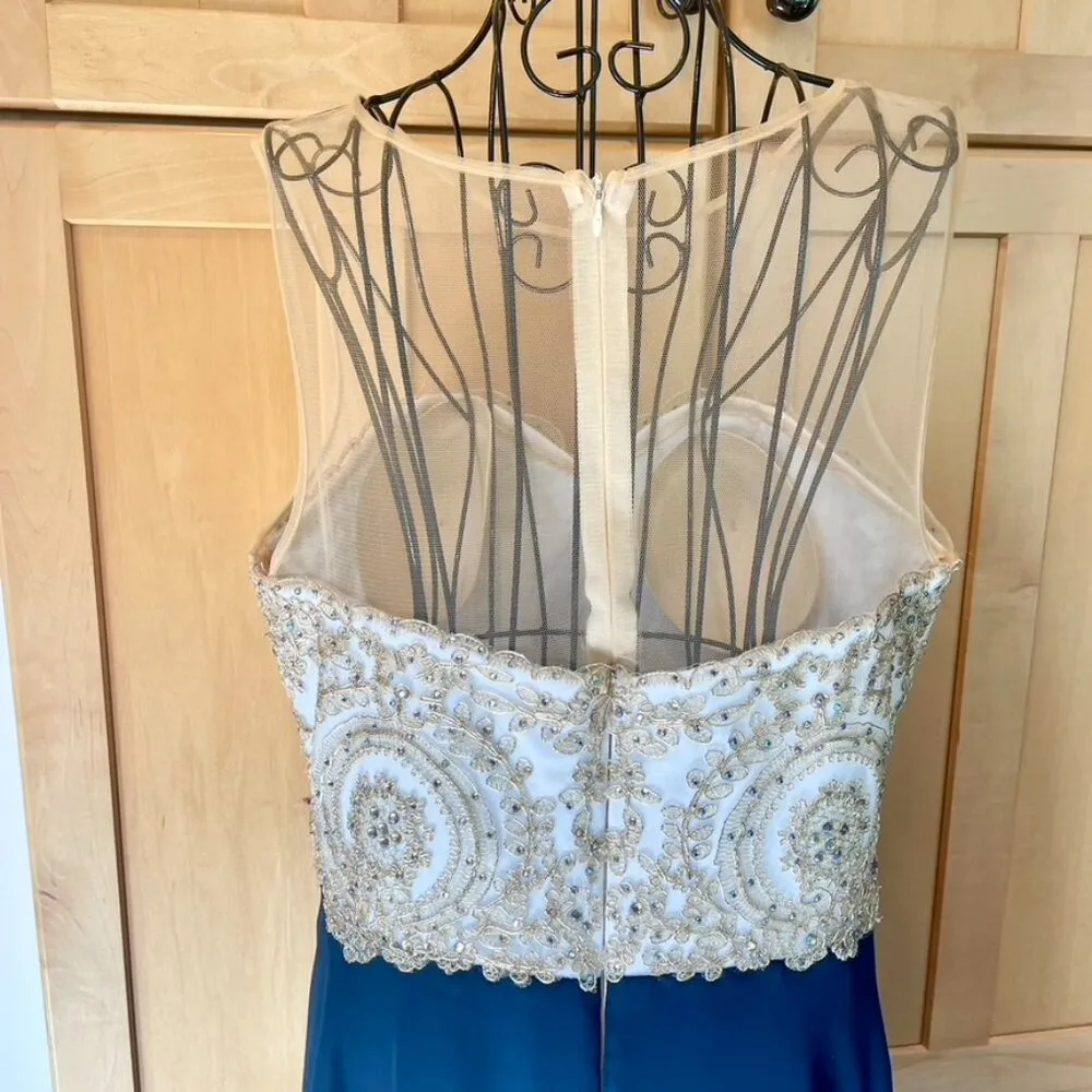 Babyonline D.r.e.s.s. gold lace applique and blue elegant midi Dress size Large - Image 7