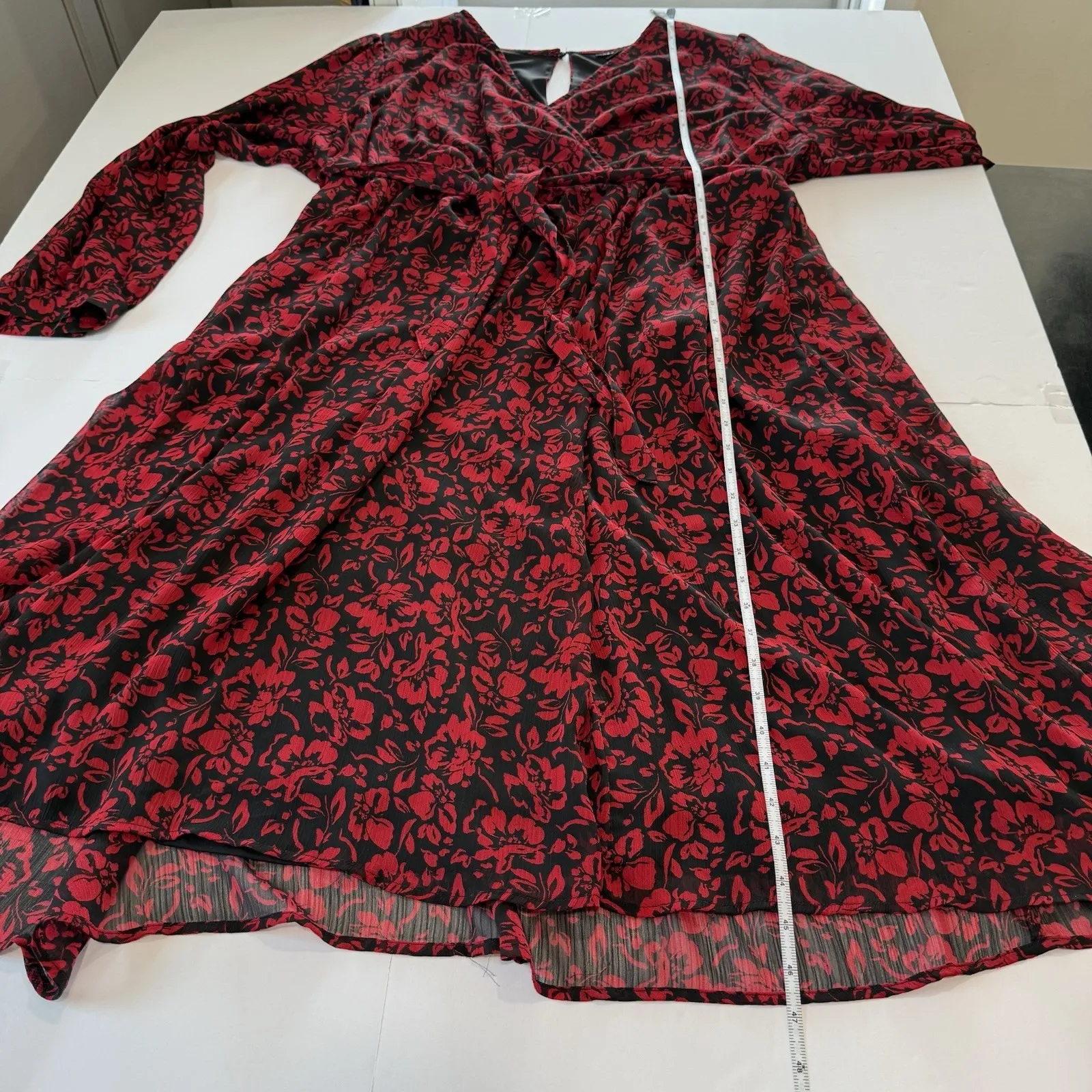 Torrid Red Black Floral‎ Crinkle Chiffon Surplice Balloon Sleeve Midi Dress 3X - Image 10