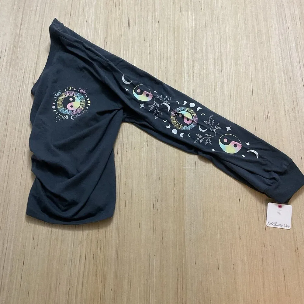 Rebellious One Womens Trendy Graphic Crop Top Pewter Blue Medium Long Sleeve New - Image 6