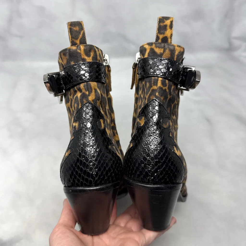 Giuseppe Zanotti Leopard Suede Snakeskin Leather Western Ankle Bootie Boots 37.5 - Image 7