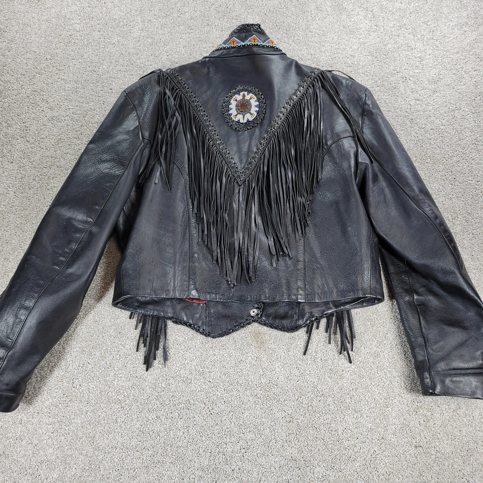 VTG Unik Leather Motorcycle Jacket Womens M Black Fringe Beaded Cropped Snaps Size M - Image 12