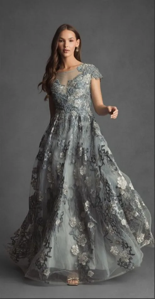 MAC DUGGAL 20294 Green Floral Embroidered Short Sleeve Gown - Image 2