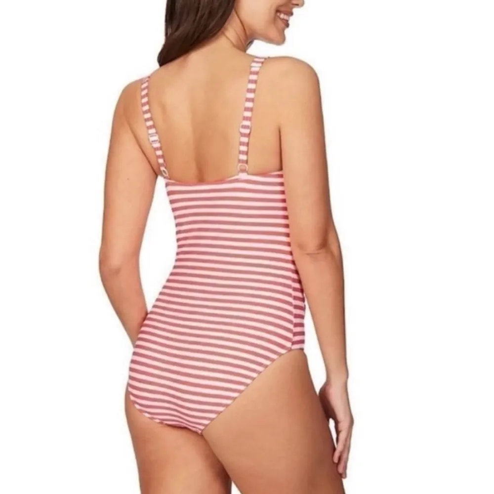 Nip Tuck Joanne Tummy Control Ruched One Peice Swim Suit Sorento Red Stripe Size 8 - Image 2
