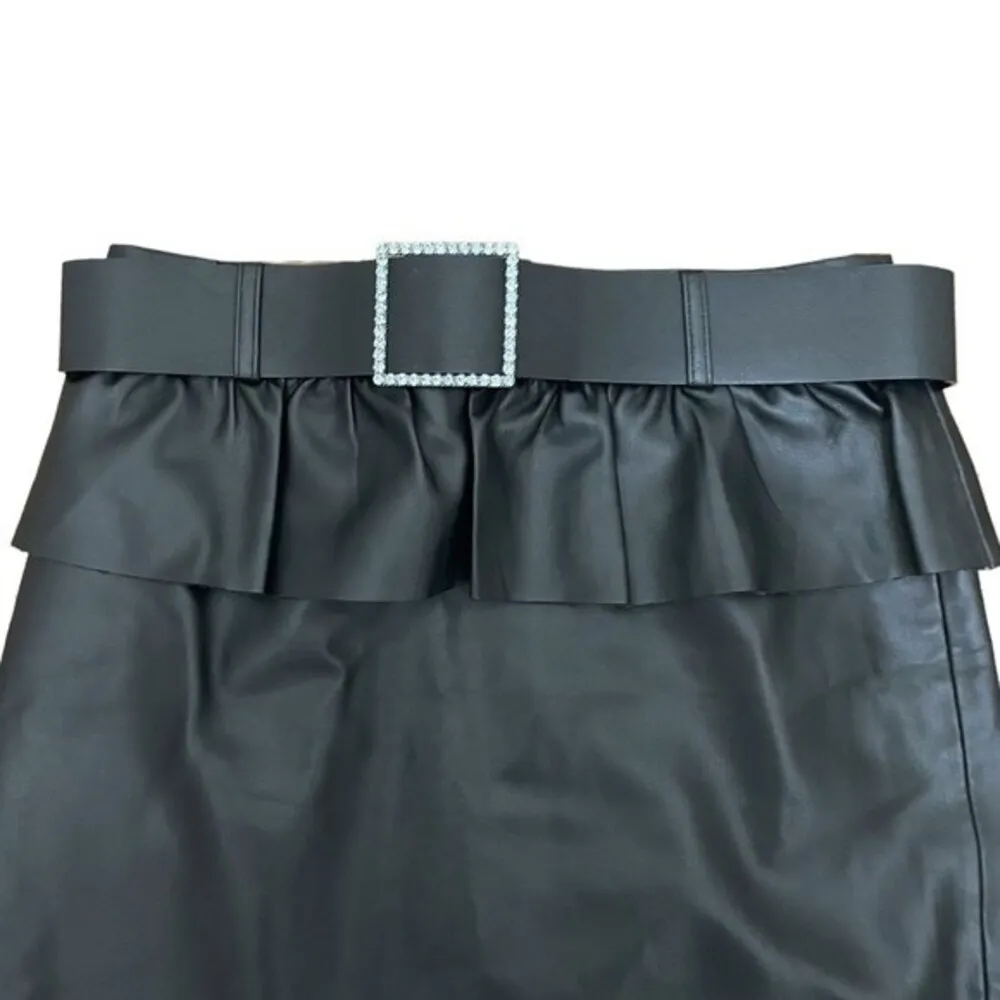 Zara Black Faux Leather Peplum Ruffle Mini Skirt Jewel Buckle Belt Size Small - Image 8