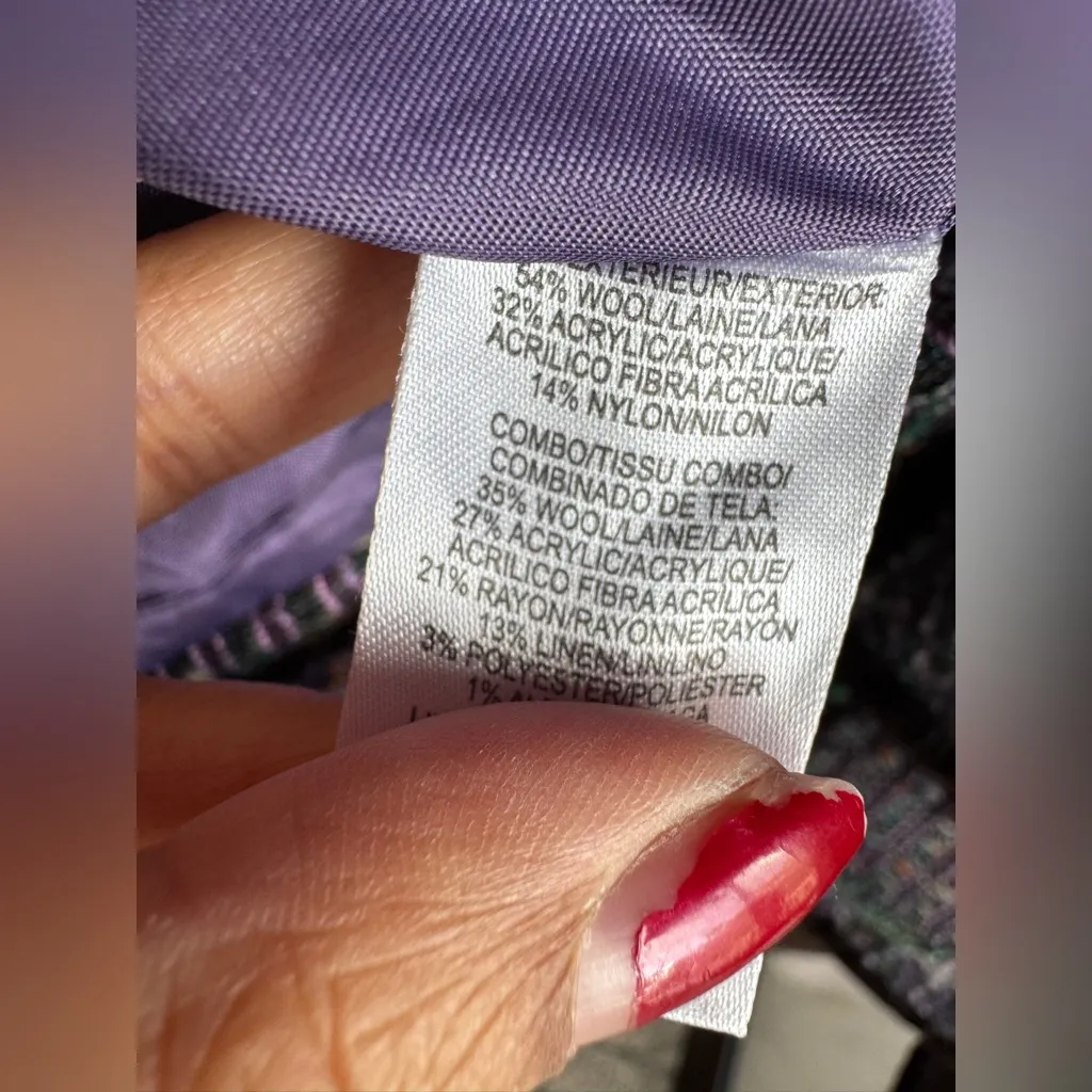 $698 Worth NYC Amethyst Tweed Velvet Ribbon Trim Pocket Wool Blend Jacket Size 8 Green - Image 6