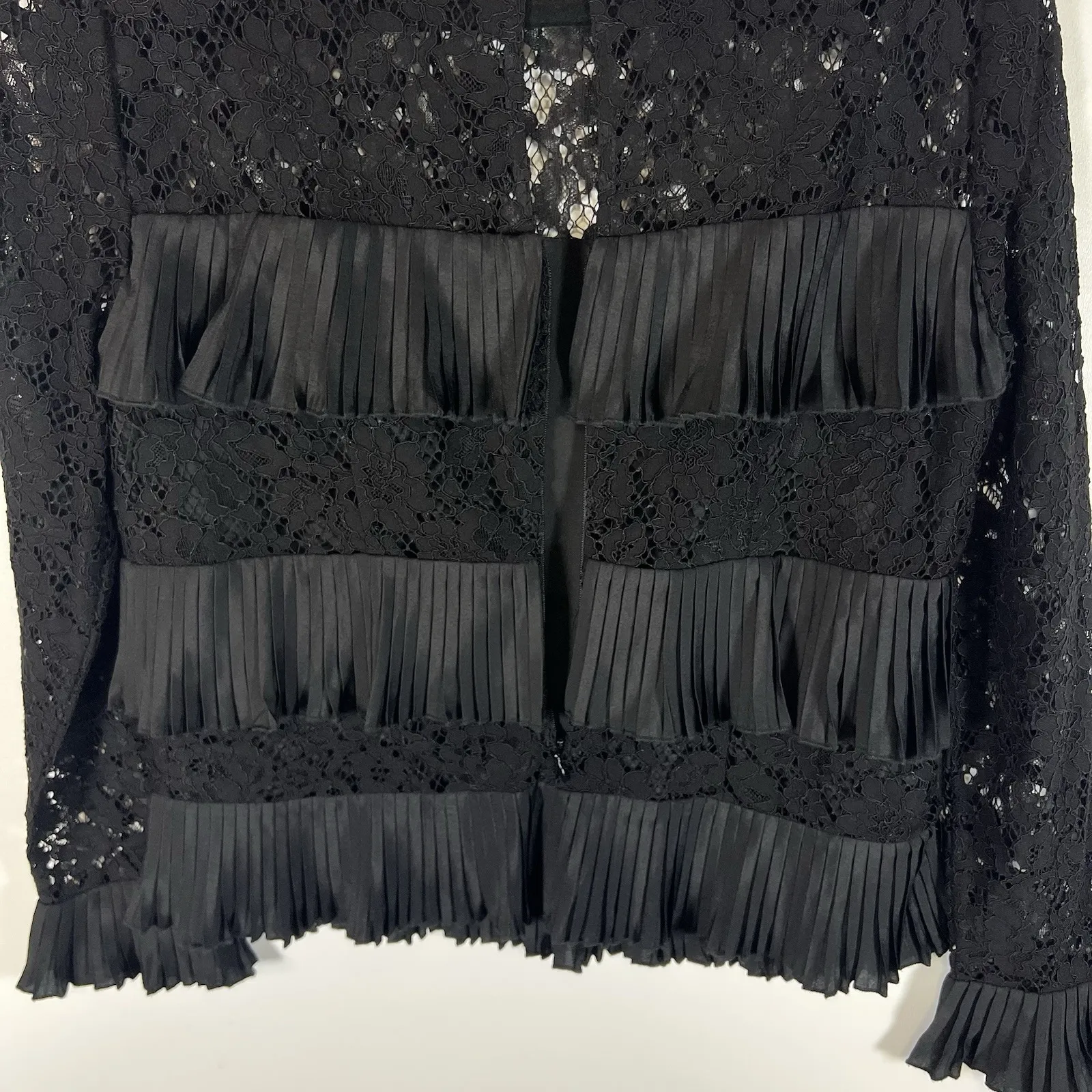 J. Crew Womens Size S Black Lace Ruffle Pleated Tiered Blouse‎ Bell Sleeves Boho - Image 7