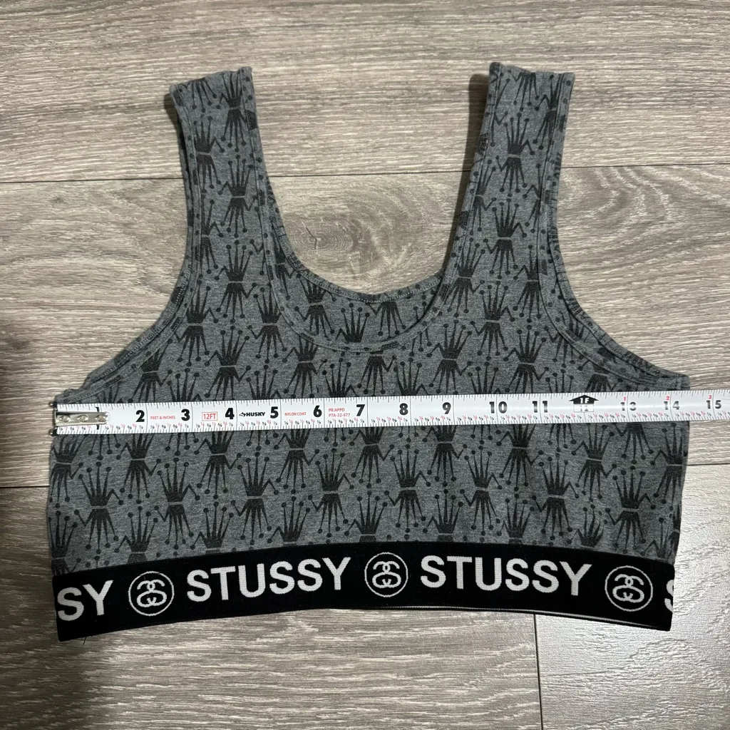 Stussy Women Gray Crown Pattern Crop Sport Athletic Bra Size L - Image 10