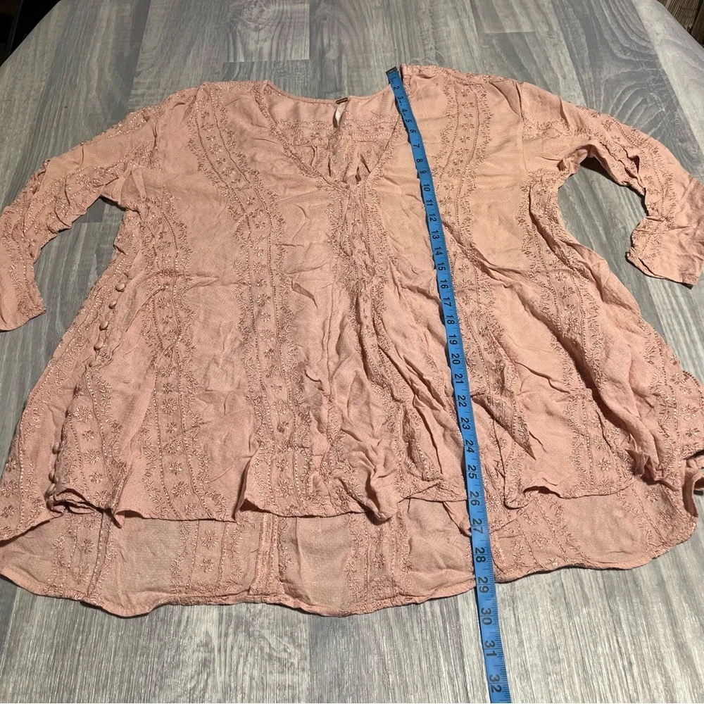 Free People Pink Embroidered Trapeze Long Sleeves Viscose V- Neck Tunic; XS - Image 3