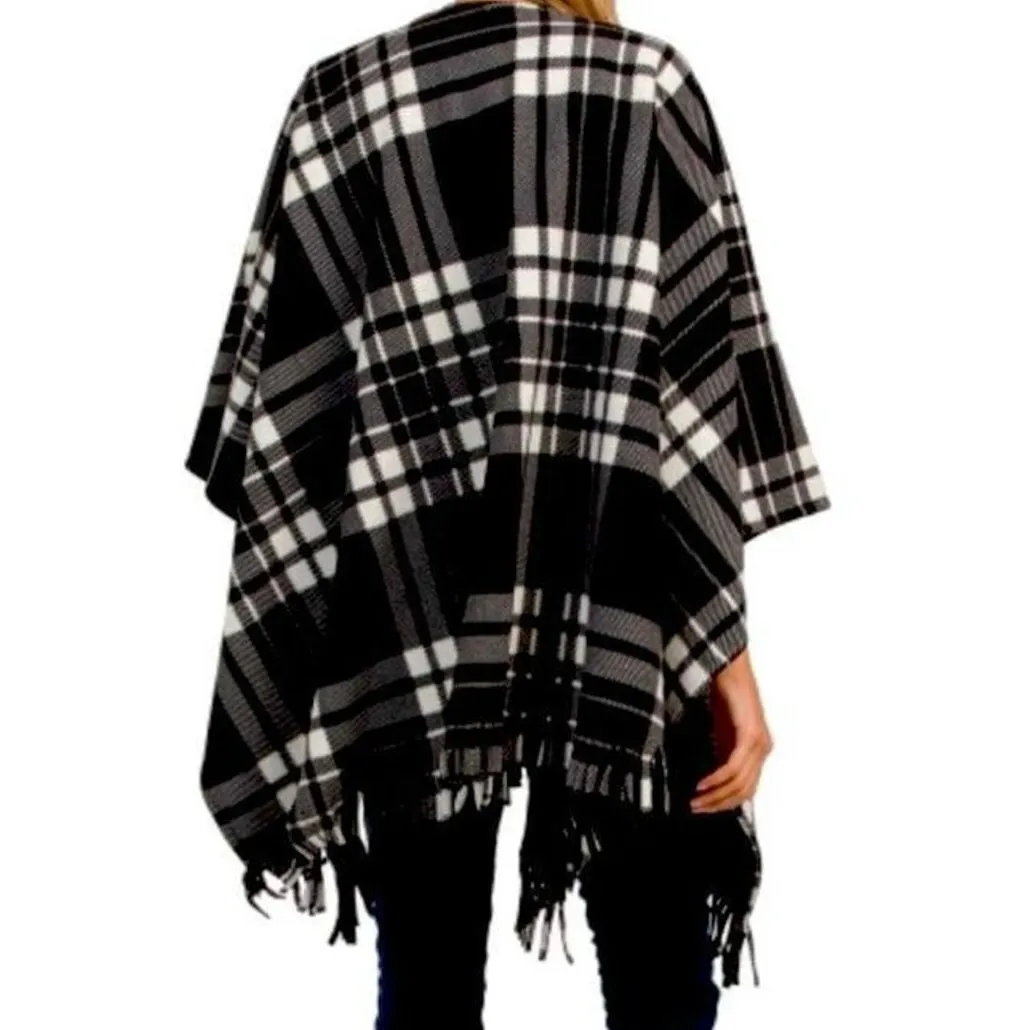 MARTHA STEWART Multi Plaid Pattern Ruana Shawl, One Size, New with Tag Black - Image 2