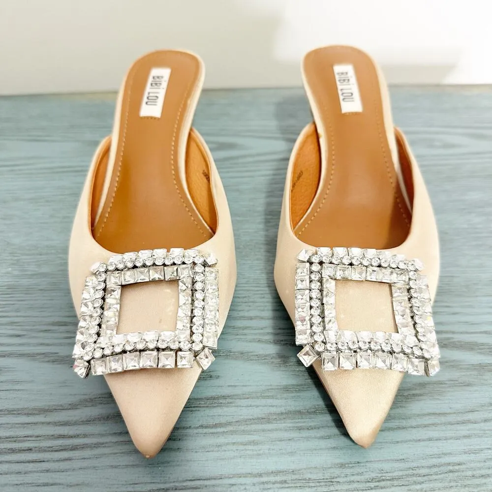 Bibi Lou Anthropologie Cream Satin Jewled Heeled Mules 38 Size 8 - Image 3