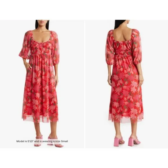 💕MAISIE💕 Floral Long Sleeve Mesh Midi Dress Red/ Pink Floral Print Medium NWT - Image 2