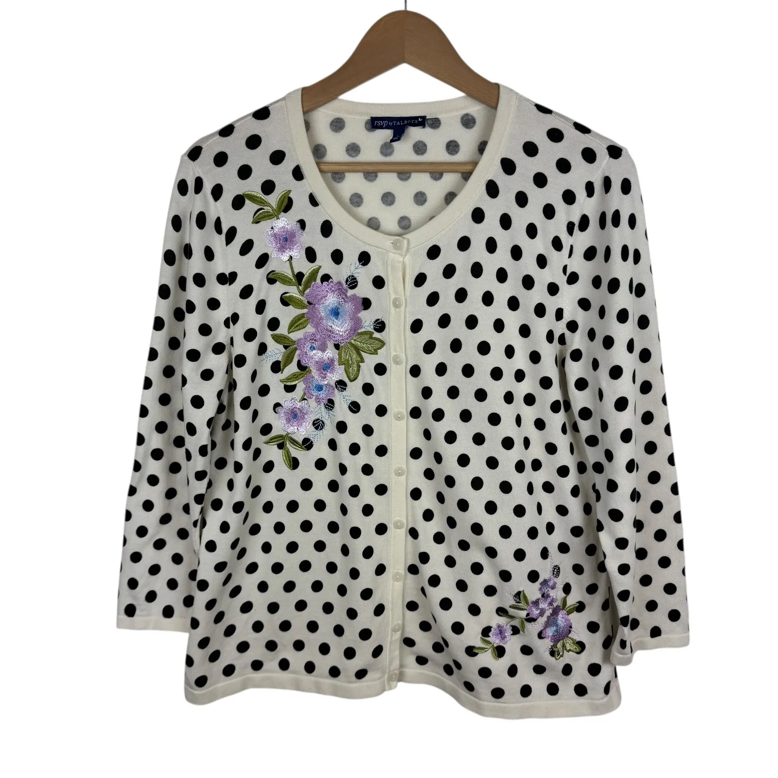 RSVP by Talbots Womens Charming Cardigan Sz Large Polka Dot Floral Embroidered‎ - Image 2