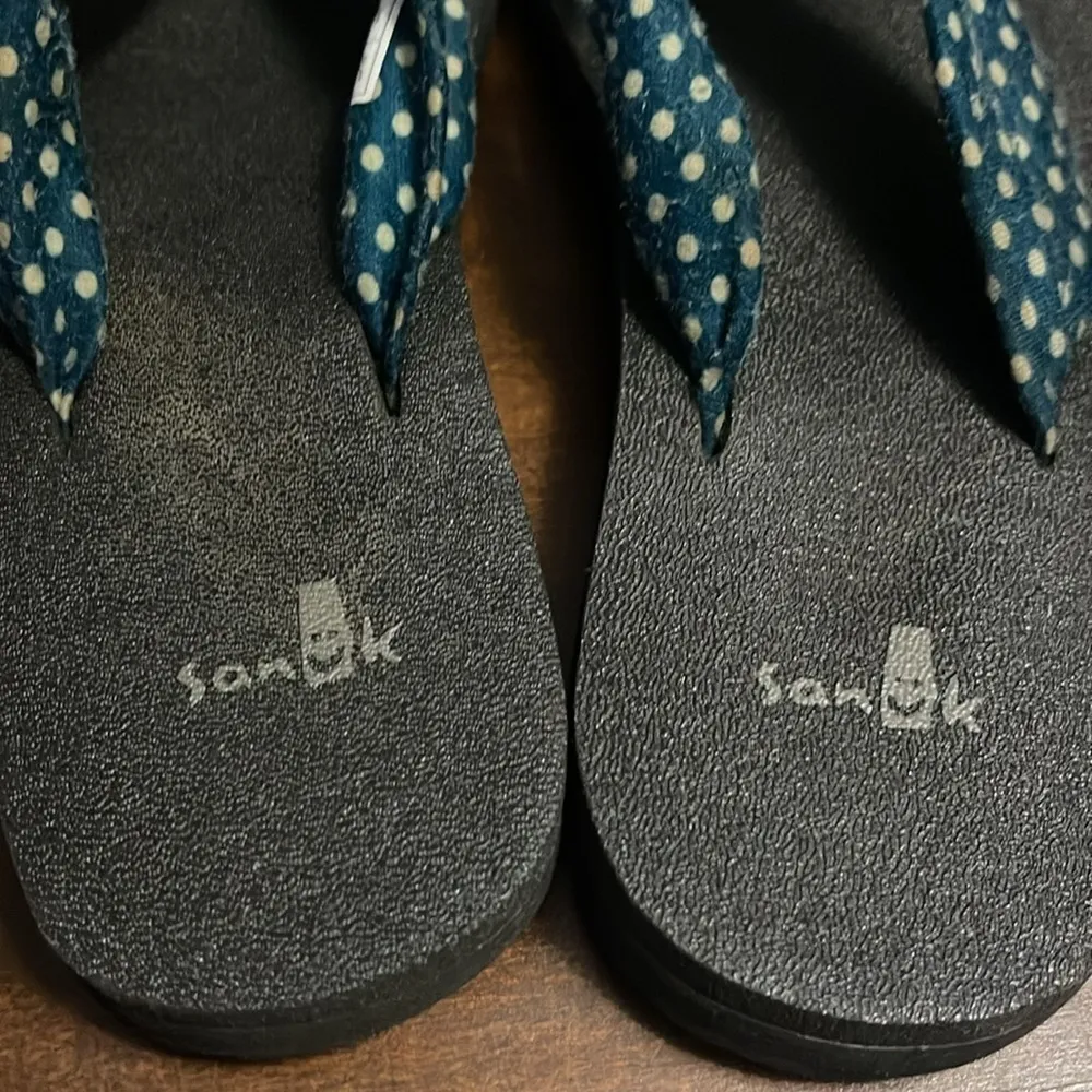 SANUK woman’s sz 5 YOGA SLINGER Teal Dots YOGA MAT FOOTBED THONG SANDALS - Image 5