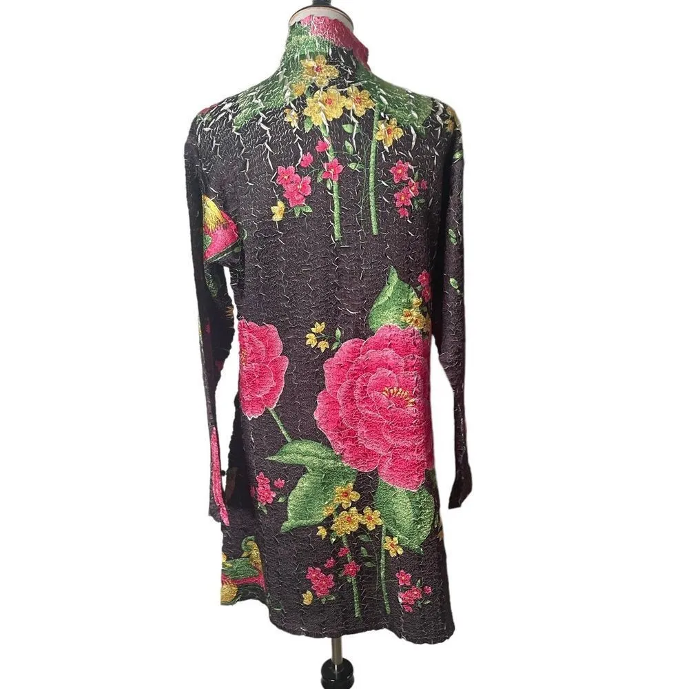 Womens Crinkle Chinese Oriental Tunic Top Dress Size‎ M Mandarin Collar floral Pink Size M - Image 2