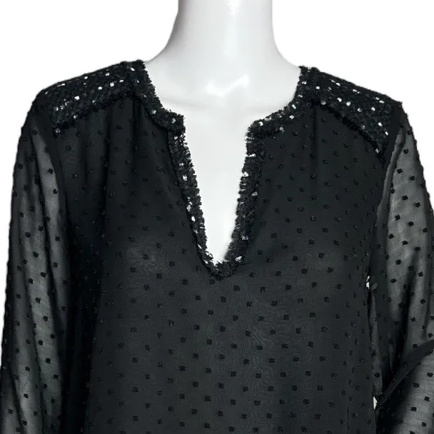Zara Basic Swiss Dot Blouse Black‎ White Long Sleeve Sheer Split V-Neck - Image 4