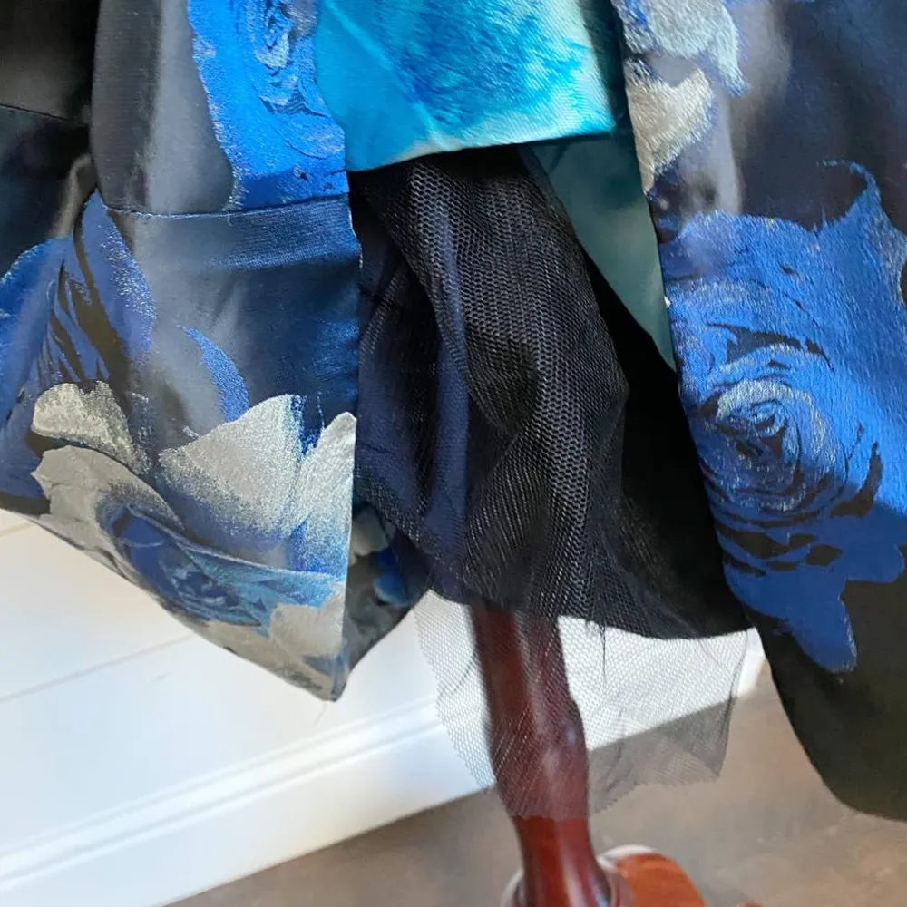 ELIZA J Black Blue Floral Jacquard Crisscross Halter Fit Flare Belted Dress sz 6 - Image 10