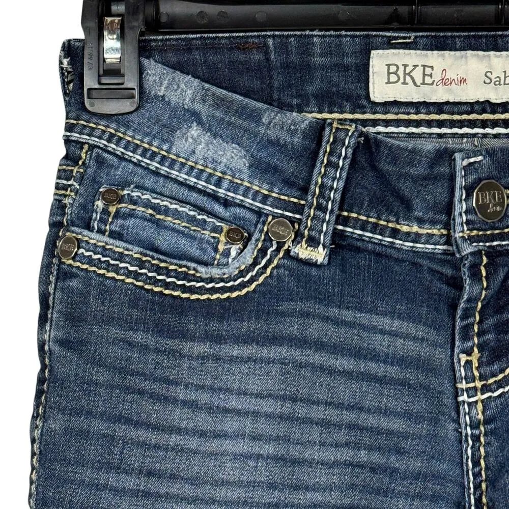 BKE SZ 26 Sabrina Bermuda Jean Shorts Low-Rise Stretch Zip-Fly Distressed Blue - Image 2