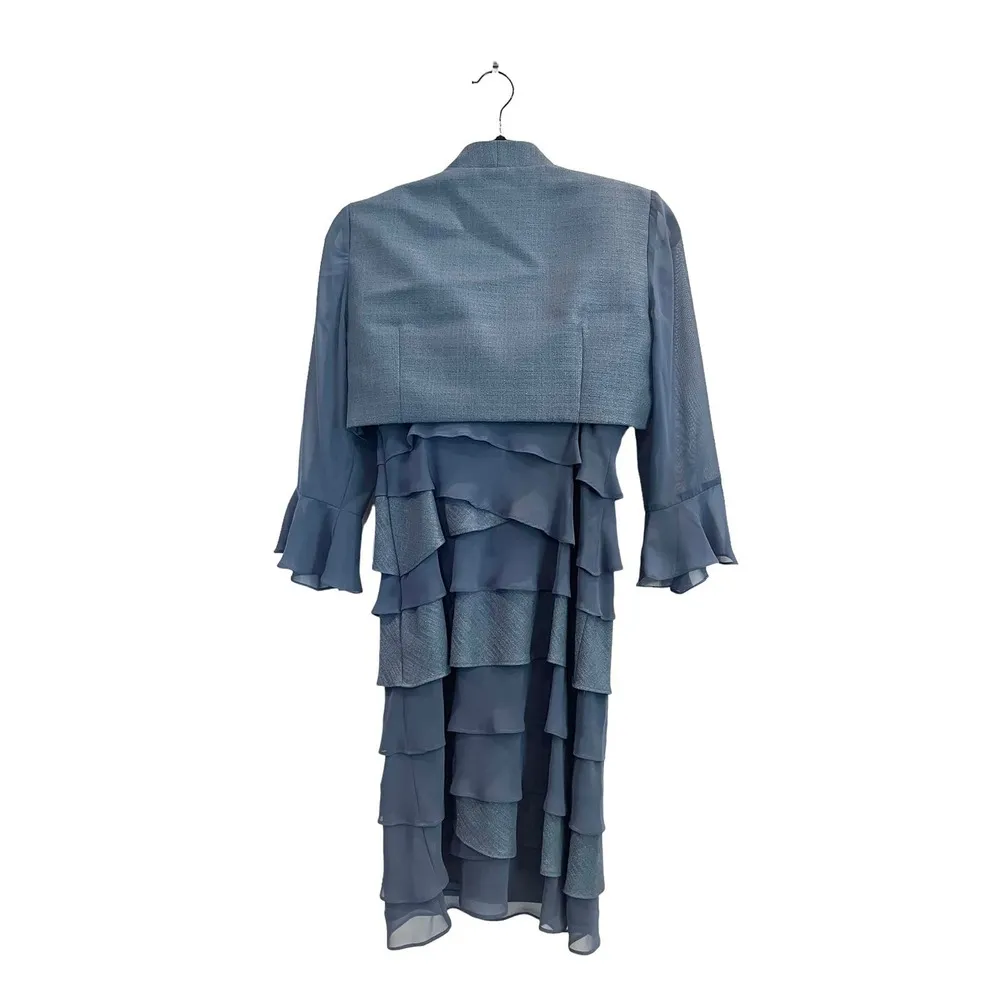 SL Fashions Formal DRESS 2+ CROP JACKET 6P Blue Tiered Beaded Ruffled Mob Wife - Image 5